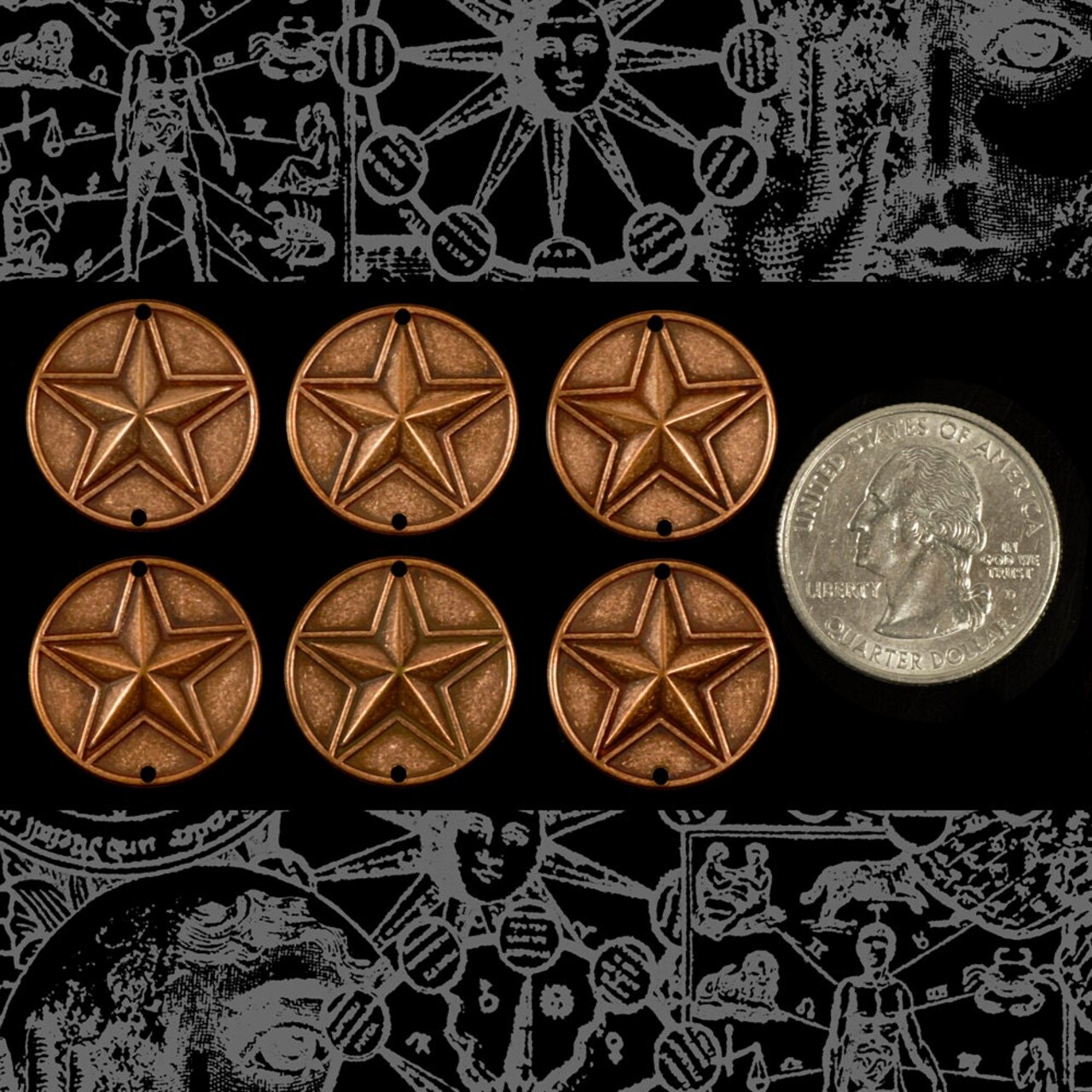 Antiqued Copper Plated Brass Star in Circle Two Hole Connectors Set of Six - C-2C87
